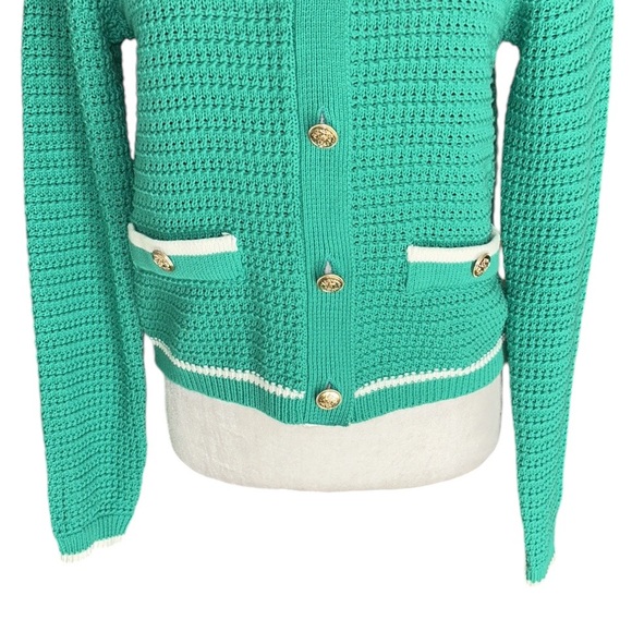 Nicole Miller Green & White Gold Crest Button Cropped Knit Cardigan - S - Picture 3 of 11